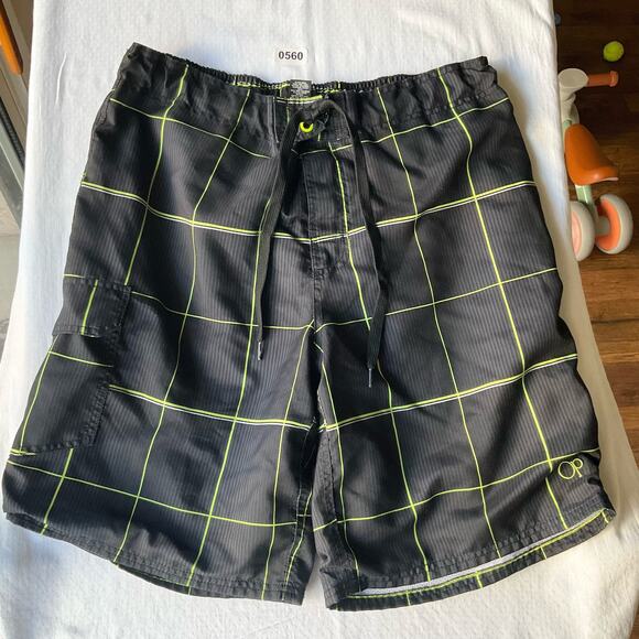 OP. Men’s Swimming Trunks size L (36-38), Gray Green Stripes, with Liner - Picture 1 of 9